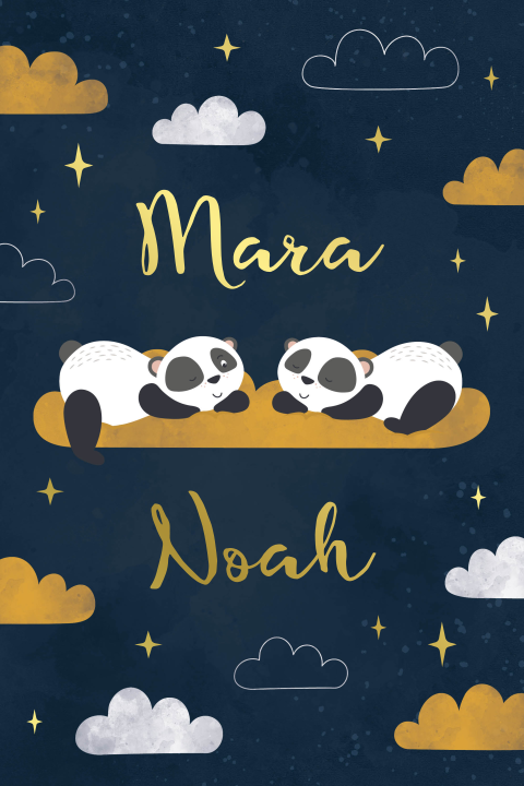 Geboortekaartje tweeling wolken en sterren met panda geel