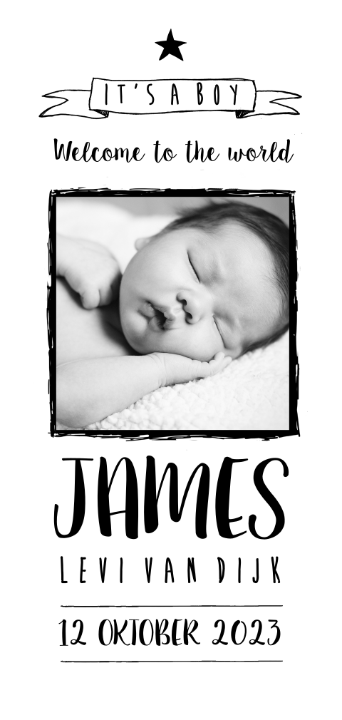 Geboortekaartje jongen typografie foto zwart wit