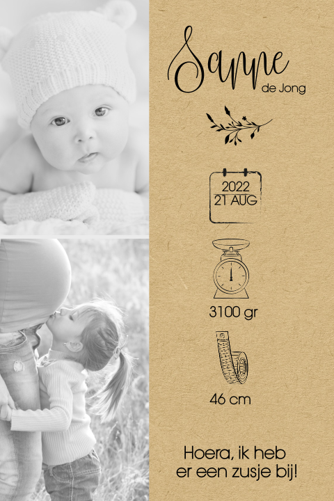 Geboortekaartje voor tweede kindje met ruimte voor 2 foto's