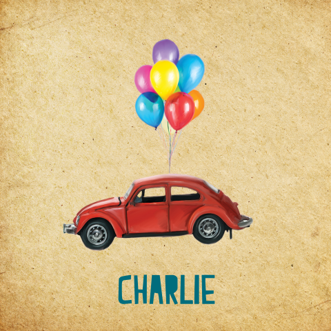 Geboortekaartje met VW Kever en ballonnen