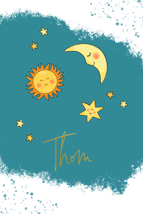 Geboortekaartje jongen met zon maan sterren op blauw