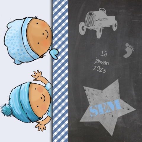 Geboortekaartje baby jongen met blauw auto behang en krijtbord