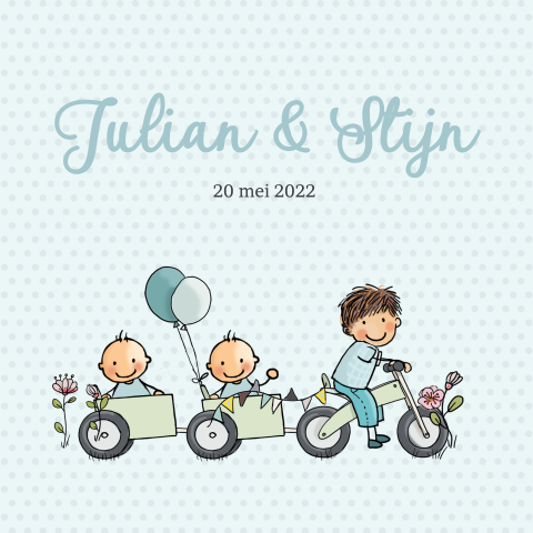 Getekend geboortekaartje tweeling jongens met loopfiets
