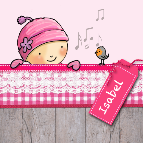 Getekend geboortekaart baby meisje met vrolijk zingend roodborstje