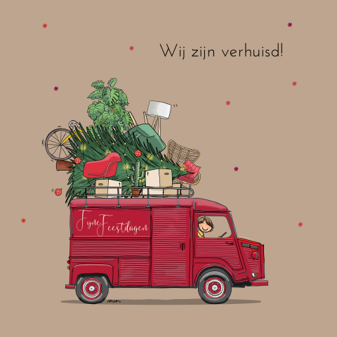 Getekende kerst en verhuiskaart met sterren met Citroen HY busje rood