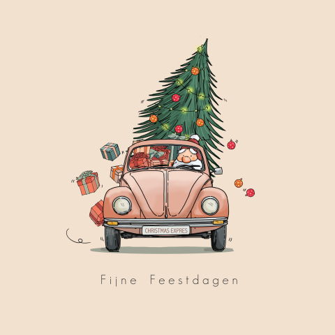 Getekende kerst kaart met VW kever roze met kerstboom