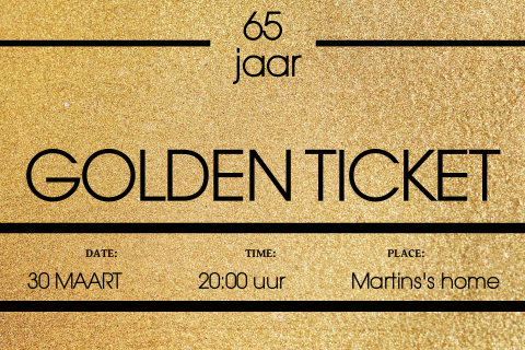 Grappige uitnodiging golden ticket voor een 65e verjaardagsfeest