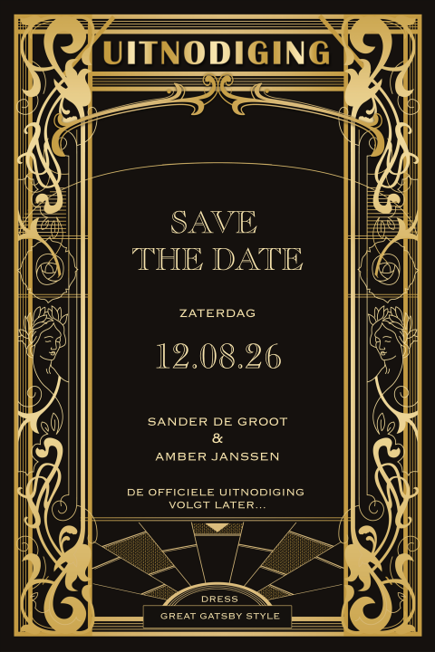 Great Gatsby save the date uitnodiging Art Deco stijl