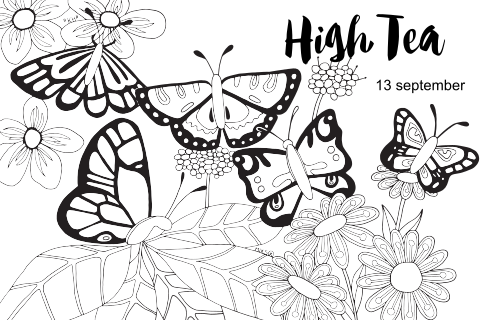 Uitnodiging high tea kleurplaat kaart vlinders