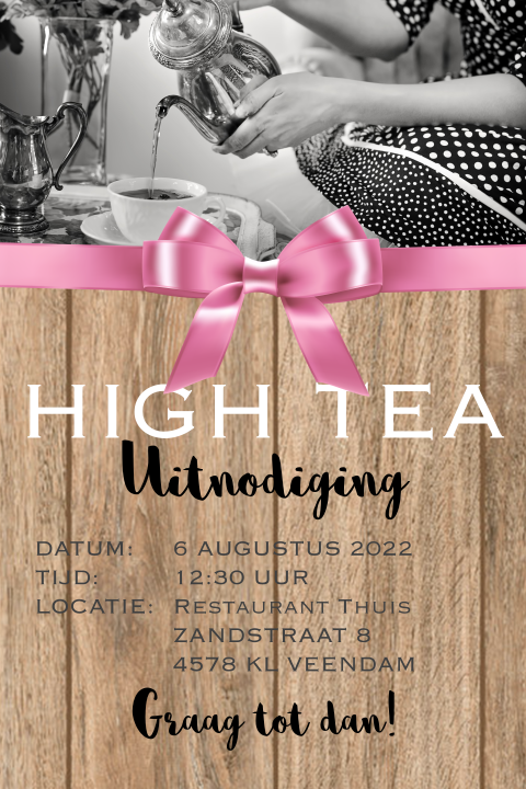 Uitnodiging high tea met roze strik