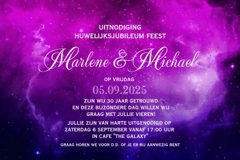 Hippe uitnodiging 30 jarig jubileum met donker paarse violet galaxy