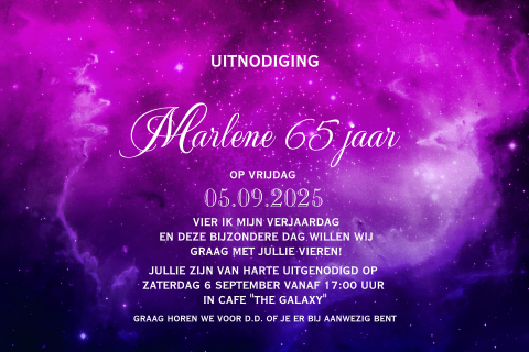 Hippe uitnodiging 65e verjaardag met donker paarse violet galaxy