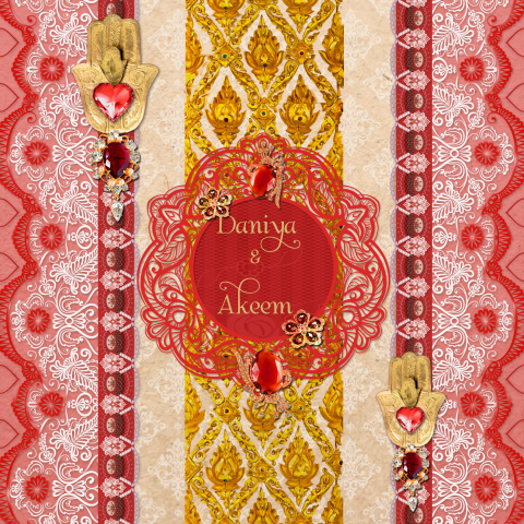 Oosterse trouwkaart met handje van Fatima en witte ornamenten