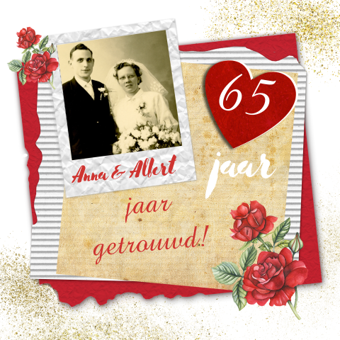 Huwelijksjubileum 65 jaar gerouwd rode roos