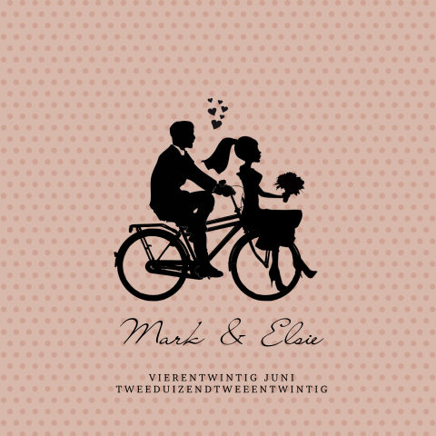 Huwelijkskaart met bruidspaar op fiets in silhouet 