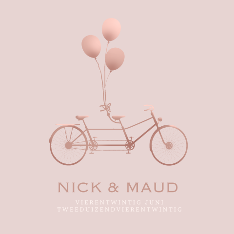 Huwelijkskaart met bruidspaar op fiets in silhouet roze