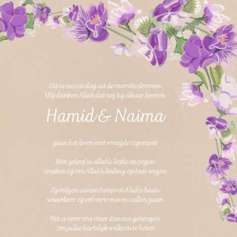Islamitische huwelijksuitnodiging waterverf paarse bloemetjes