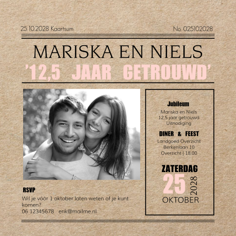 Jubileum 12,5 jaar getrouwd met kraft look en eigen foto