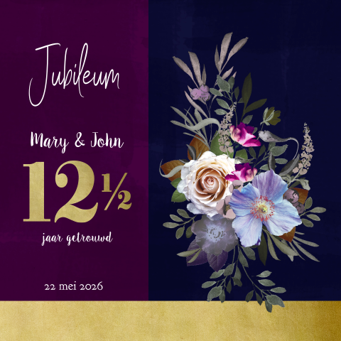 Jubileum 12,5 jaar getrouwd purple boeket met goudlook details