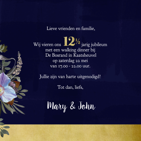 Jubileum 12,5 jaar getrouwd purple boeket met goudlook details