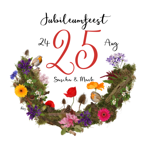 Jubileum 25 jaar getrouwd met bloemen en roodborstjes