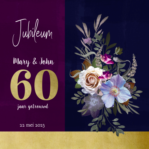 Jubileum 60 jaar paars boeket goudloook details en eigen foto
