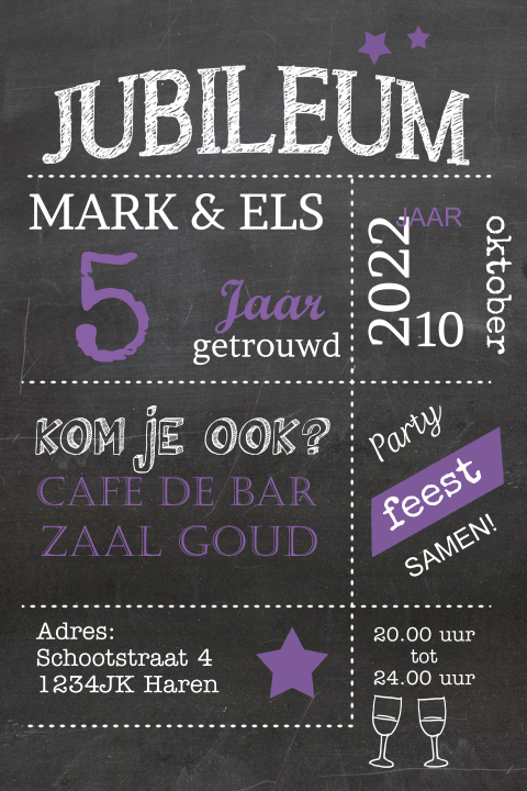 Jubileum uitnodiging 5 jaar krijtbord met paarse sterren
