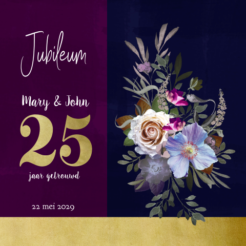 Jubileumkaart 25 Jaar Getrouwd Paars Bloemen En Goudkleur