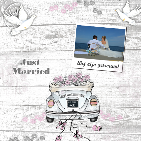 Just married trouwkaart met foto en trouwauto