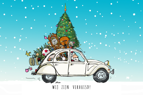 Vrolijke getekende kerst verhuiskaart met Citroen 2CV