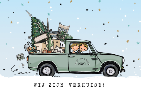 Vrolijke getekende kerst verhuiskaart met mini pickup 