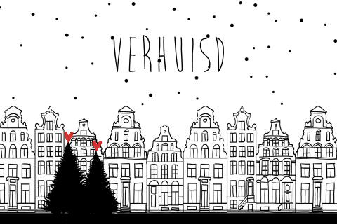 Kerst en verhuiskaart in 1 amsterdamse huisjes grachtenpanden