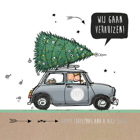 Kerst verhuiskaart van leuke mini met kerstboom en zilverfolie