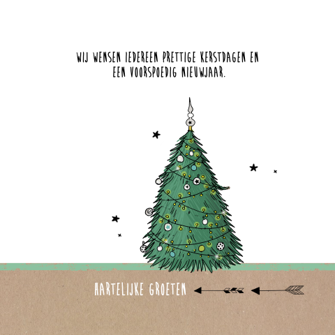 Kerst verhuiskaart van leuke mini met kerstboom en zilverfolie