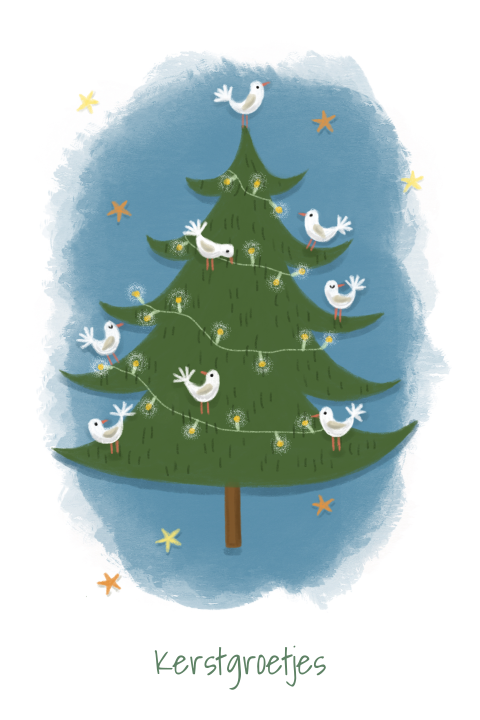 Kerstkaart boom met duiven
