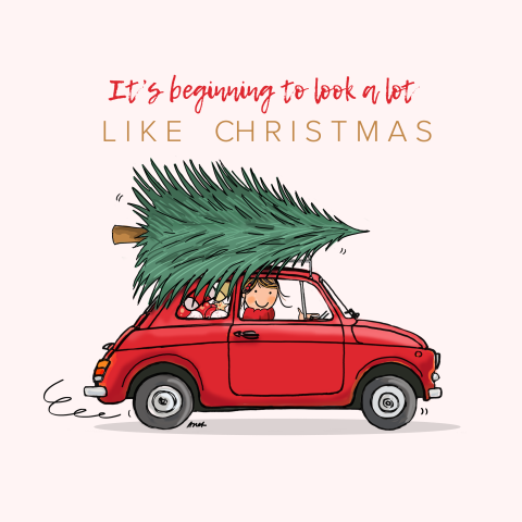 Kerstkaart Fiat 500 met kerstboom
