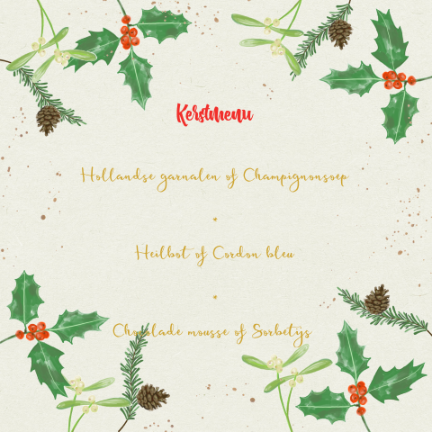 Kerstmenukaart met hulst, mistletoe en dennengroen
