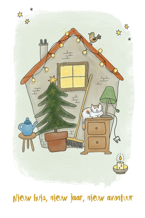Kerstverhuiskaart, huis met kerstspullen