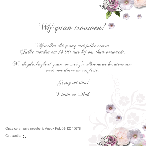 Trouwkaart met witte trouwauto en roze bloemen