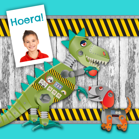 Uitnodigingskaart kinderfeestje met dinosaurus en hout