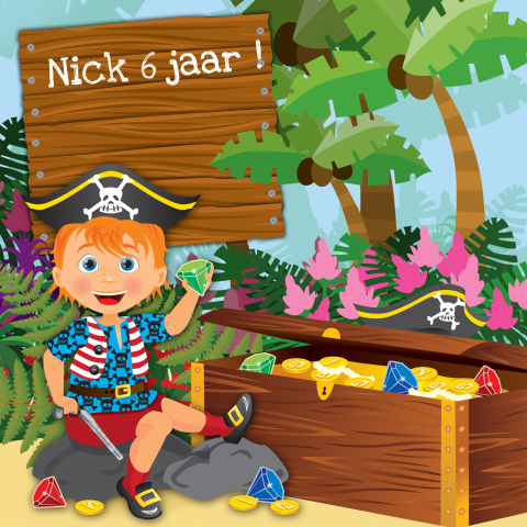 Uitnodigingskaart kinderfeestje met thema piraten en schatkist
