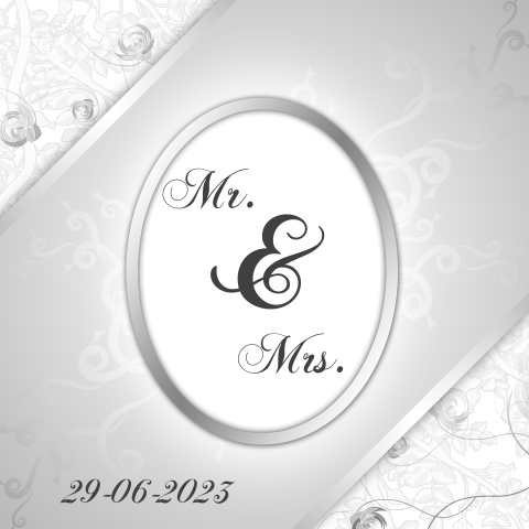 Klassieke Mr en Mrs trouwkaart wit met grijze bloemen en lint