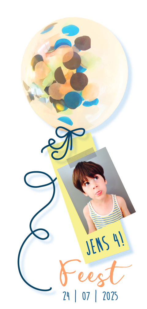 Hippe confetti ballon kaart voor je 4 jarige zoon