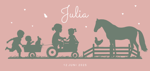 Langwerpige geboortekaart meisje 4e kindje met tractor en paard
