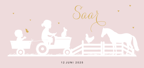 Langwerpige geboortekaart zusjes 2e kindje met tractor en baby hekje