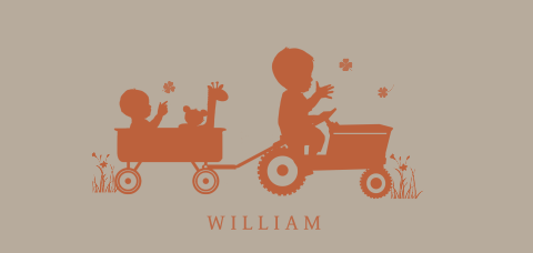 Langwerpige liggende geboortekaart met tractor en broertjes