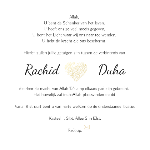Leuke arabische trouwkaart met gouden hart blaadjes