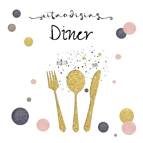 Leuke uitnodiging kaart diner etentje met gouden bestek en confetti