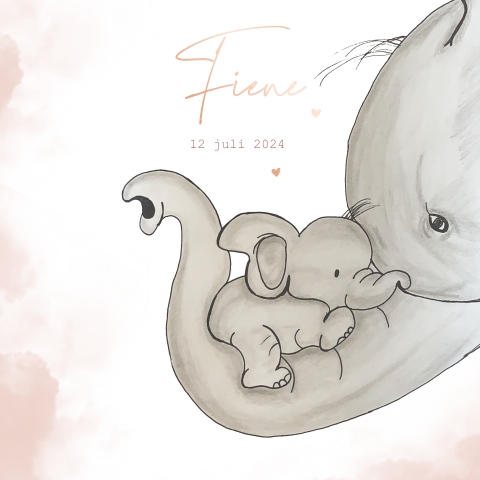 Lief getekend geboortekaartje baby olifant slurf moeder