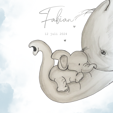 Lief getekend geboortekaartje jongen baby olifant slurf moeder